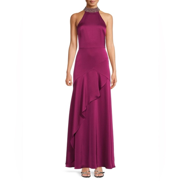 Aidan Mattox Crystal Beaded Halter Gown Magenta Fuchsia Satin SZ 4 NWT  Evening
